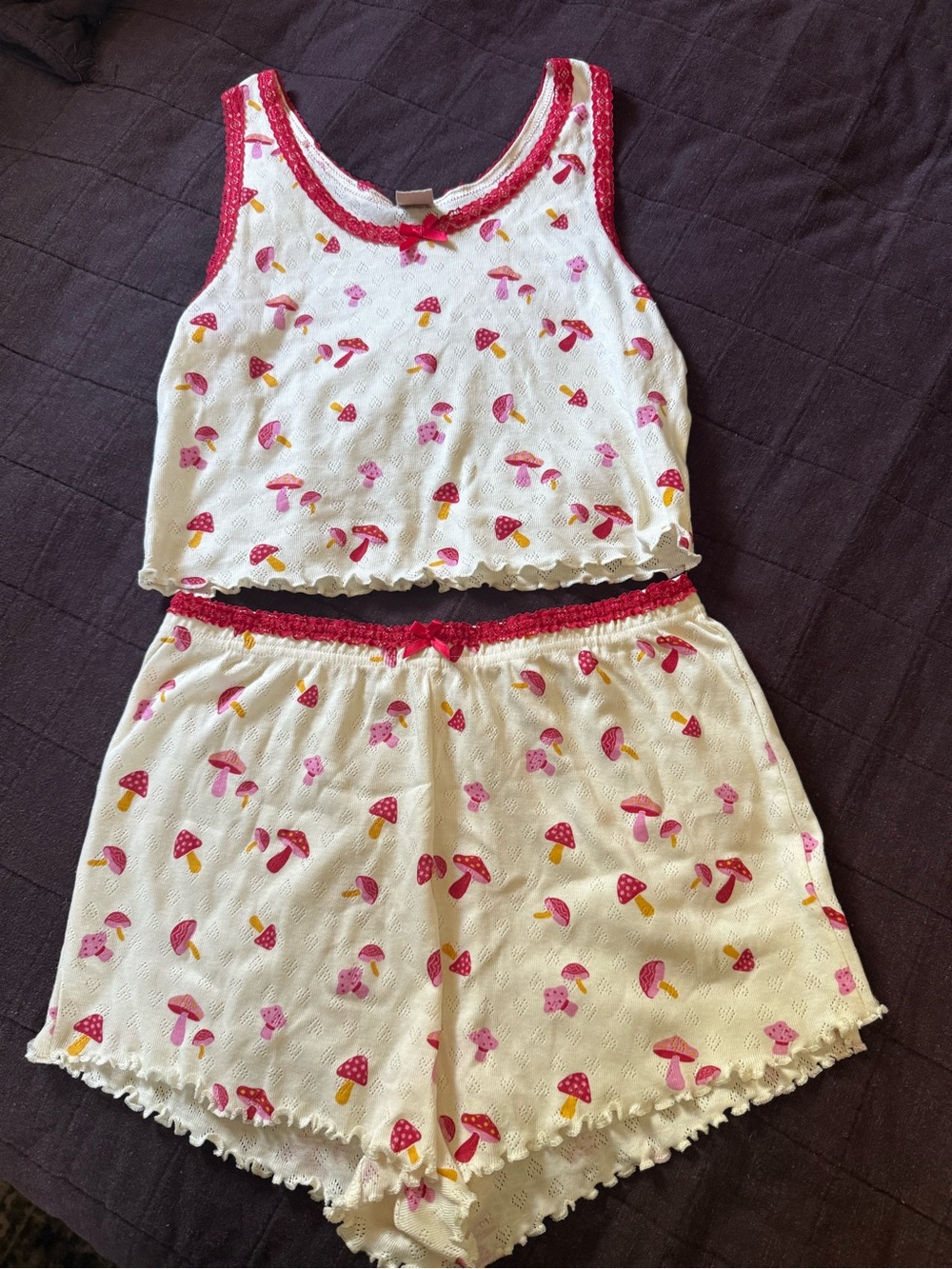 White Two-Piece Pajama Set with Pink & Red Mushroom Print Medium